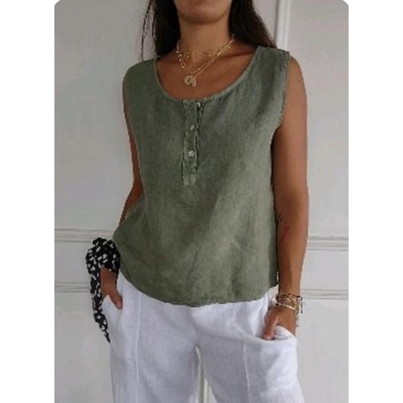 

Хлопково-льняные женские блузки и рубашки без рукавов на пуговицах 3XL армия зеленый