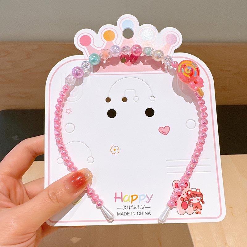 Colorful Pearl Necklace and Jewelry Set: Beaded Bracelet, Cartoon Headband, Earrings - Princess Accessories for Girls