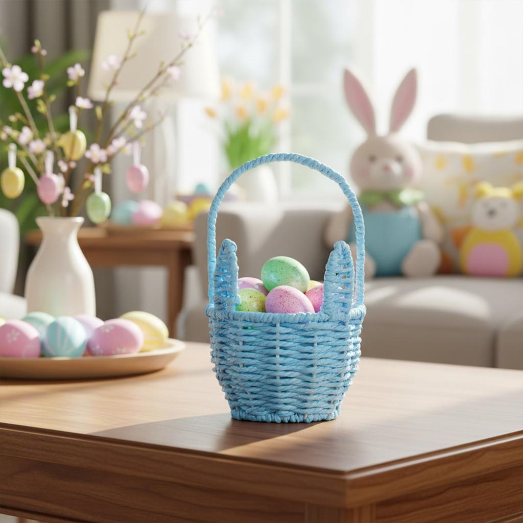 Easter Cute Rabbit Ears Basket Multi-Purpose Creative Storage Bin Cartoon Woven Ear Decorative Basket Sundries Organizer