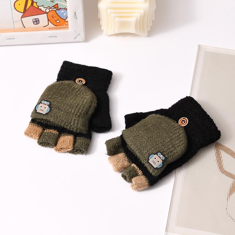 Fashion Children Flip Gloves 5-14Year Kids Half Finger Mittens Cycling Baby Winter Hand Warmer Boys Thicken Woolen Knitted Glove