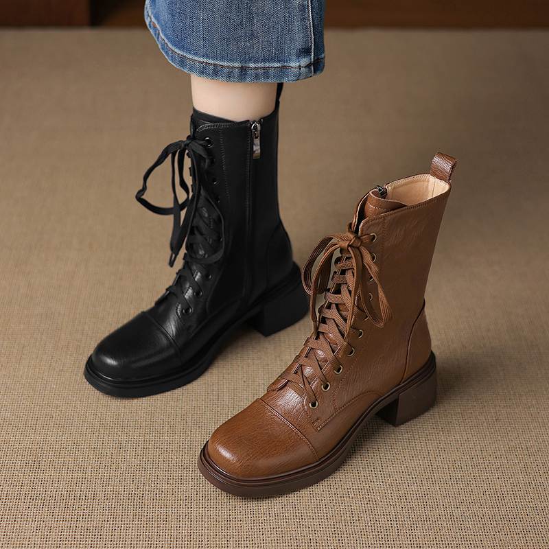 Krazing Pot Cow Skin Round Toe Thick Heels Motorcycle Boots Size 42 Lace Up Women Keep Warm Mid-calf Boots