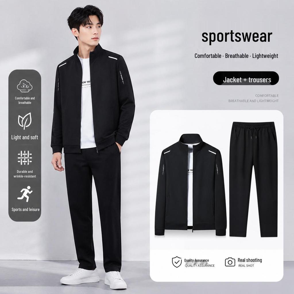 Men's Solid Color Sportswear Set: Stand Collar Cardigan & Long Pants.