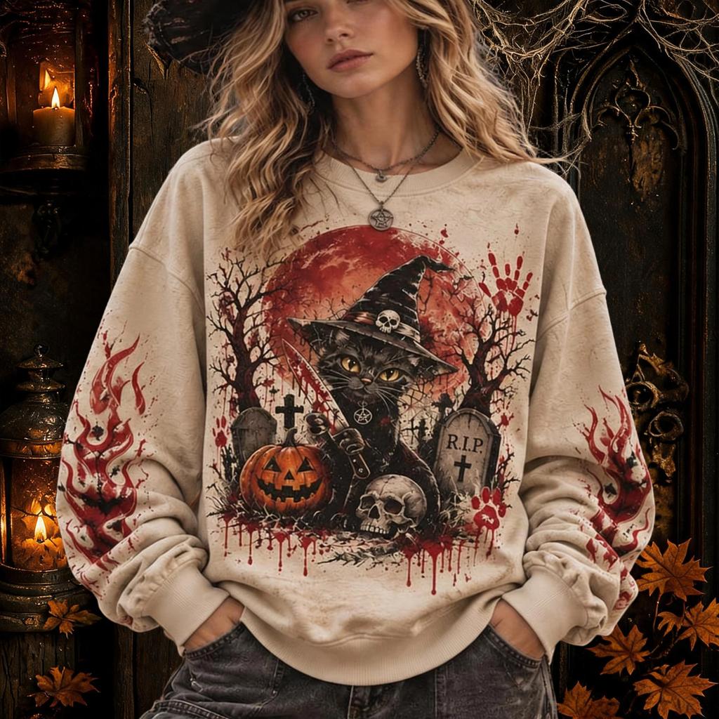 Women's Halloween Theme Crewneck Sweatshirt Casual Pullover Top