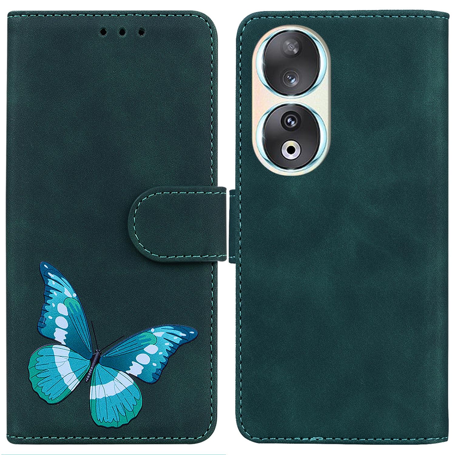 

Anti-Drop Wallet Phone Case for Honor 90 Butterfly Printing Skin-Touch PU Leather Flip Cover Green