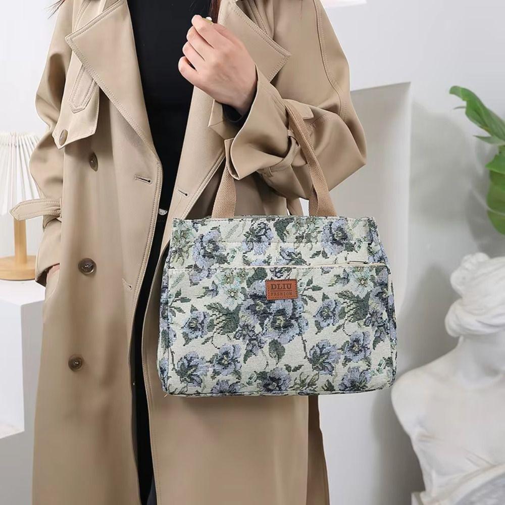 Borsa Tote da Donna con Stampa Floreale Casual Borsa Pranzo in Tela Spessa con Cerniera Grande Capacità Borsa a Mano Jacquard