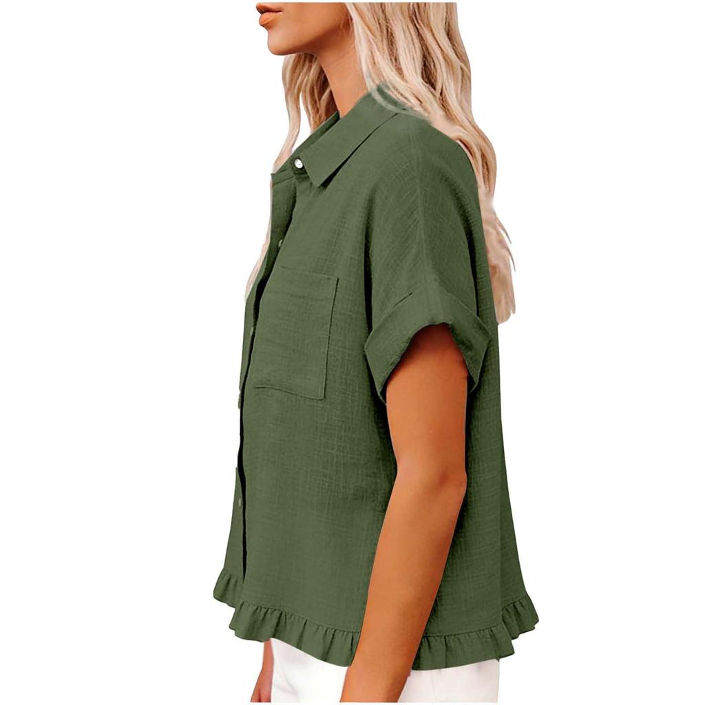 Women's Fashionable Loose-Fit Casual Shirt Button-Up Short-Sleeve Cotton-Linen Blend Top