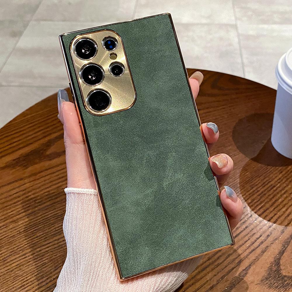 Luxury Plating Matte Suede Leather Case For Samsung Galaxy S25 S24 Ultra S23 S22 Plus Camera Protection Shockproof Bumper Cover