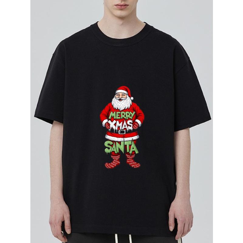 Black T-Shirt Merry Xmas Santa Claus Print Christmas Holiday Wear