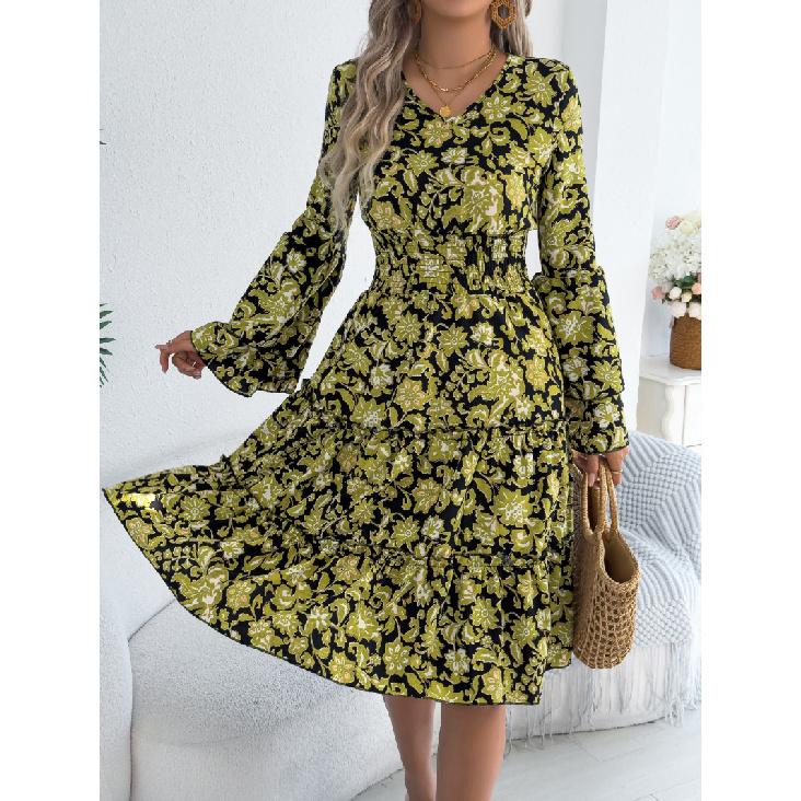 Women's Vintage Flared Sleeve Ruffled Waist Floral Midi Dress