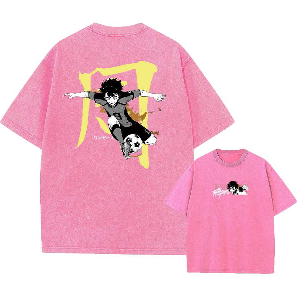 Hot Anime Blue Lock Nagi Seishiro Print Washed T Shirt Men Vintage Tshirts Short Sleeve Streetwear Harajuku Male Cotton T-shirt