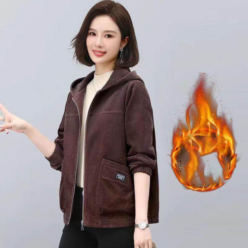 Verdickte Cordjacke Damen Lässige Fleecegefütterte Kapuzenpullover Jacke Warme Herbst-Winter-Kleidung