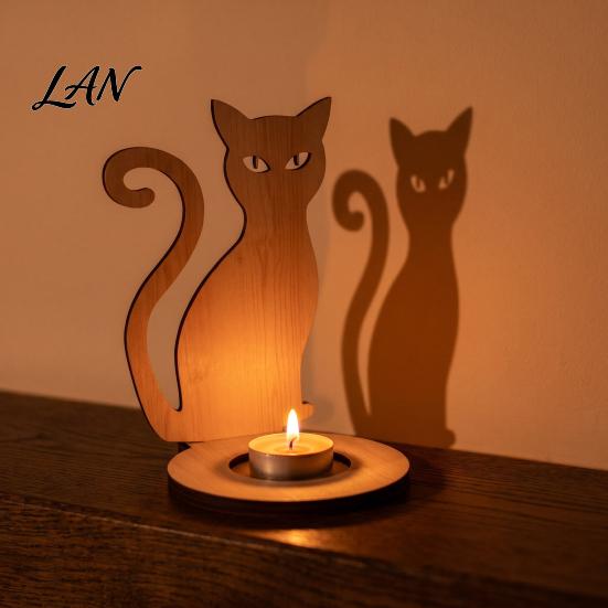 Small Tealight Display Halloween Wooden Candle Holder, Silhouette Ghost/Bat/Scarecrow/Bat Ghost Decor Holder for Home Table Fireplace Black Cat Base