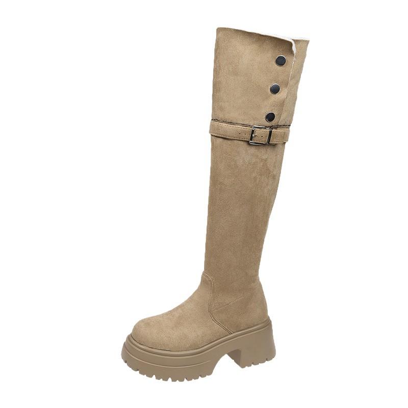 Thick-soled high-heeled knight boots for women's 2025 autumn and winter new velvet high-heeled knee boots, two wear lamb wool boots