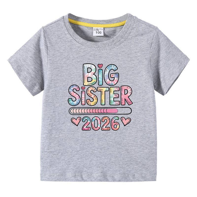 2026 New Girls Tshirt Big Sister Original Letter Printed Kids Summer Comfortable Pure Cotton Tees Childrens ONeck Tops