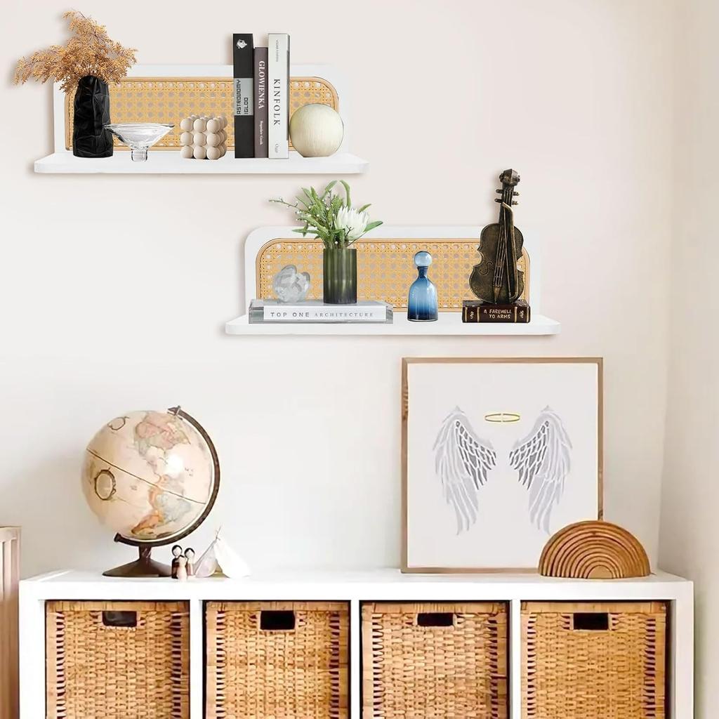 Modern Floating Wall Shelves Set of 2,40cm White Home and Kitchen Room Decor,Handmade Wickerwork Wall Mounted Shelves,Hanging Storage Shelves