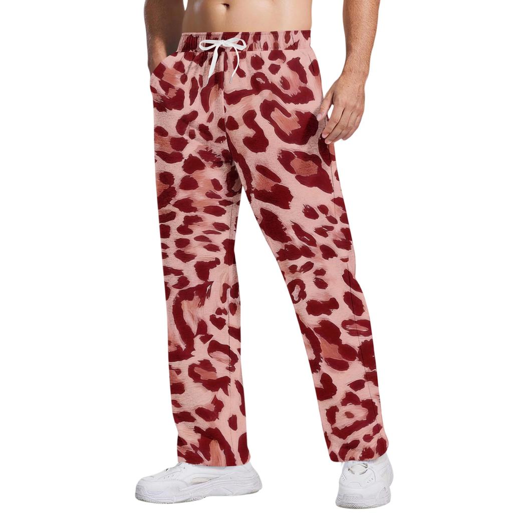 Men's Loose Fit Casual Leopard Print Pants Drawstring Waist Breathable Athletic Long Trousers for Daily Wear and Sports