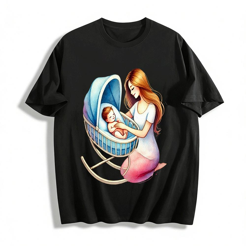 Mommy And Baby Cradle Themed Print Casual Adult Top Pure cotton T-shirt XXS
