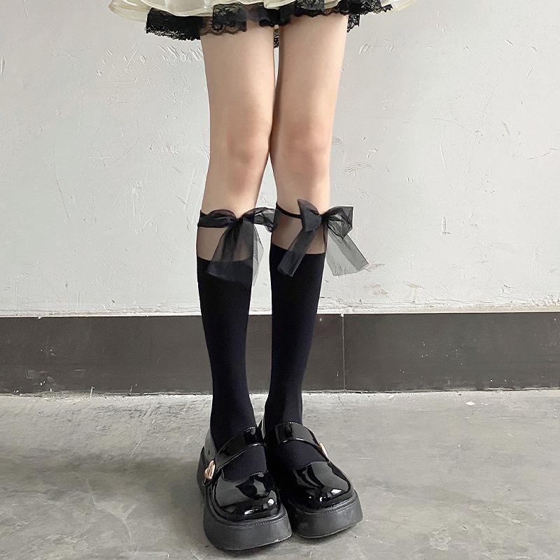 

Black Silk Bow Lace Mesh Calf Socks - Transparent Velvet Gauze Patchwork One Size чёрный