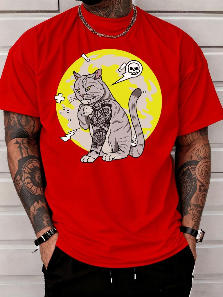 Tattooed Tough Cat Yellow Circle Skull Bubble Unisexs Tee Punk Animal Print Cotton Short Sleeve Loose Street Casual Daily Male Tops