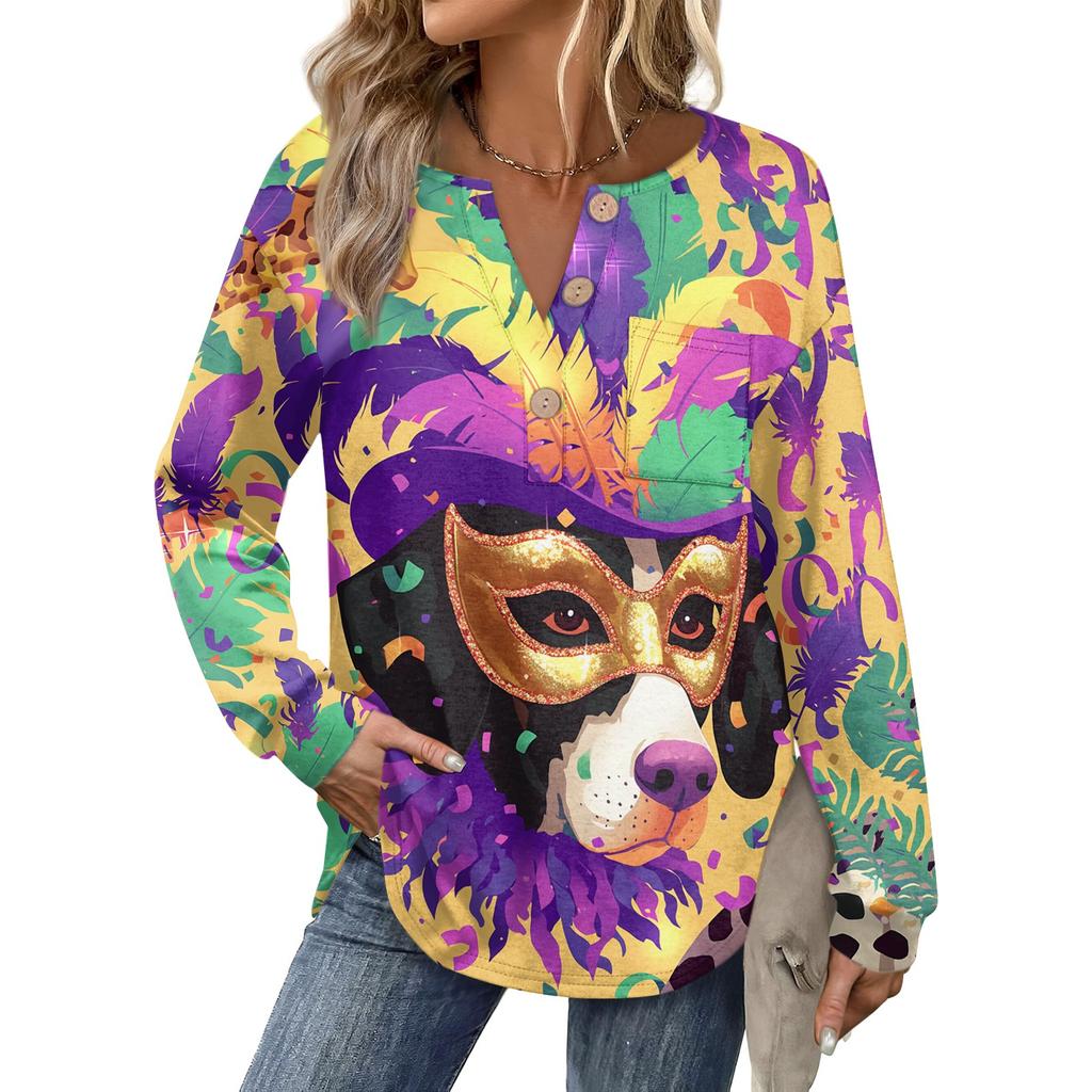 Women's Carnival Printed Fashion Long Sleeve Button Hoodie Top