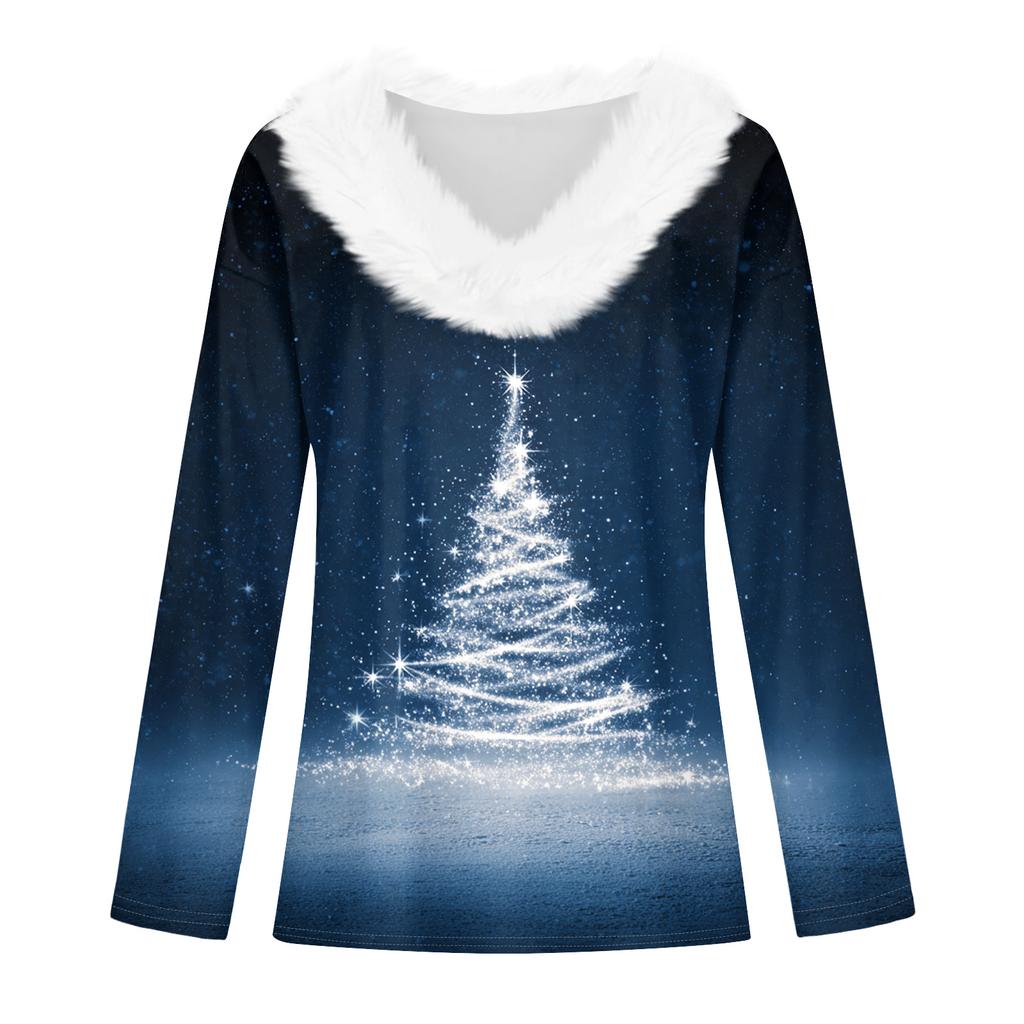 Women's Fashion Casual Long Sleeve Christmas Printed Plush Collar V-Neck Top