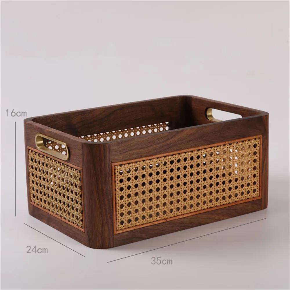 Organizer Luxury Kitchen Desktop Solid Wood Storage Box Retro Rattan Basket Book Snacks Cosmetics Home Appliance