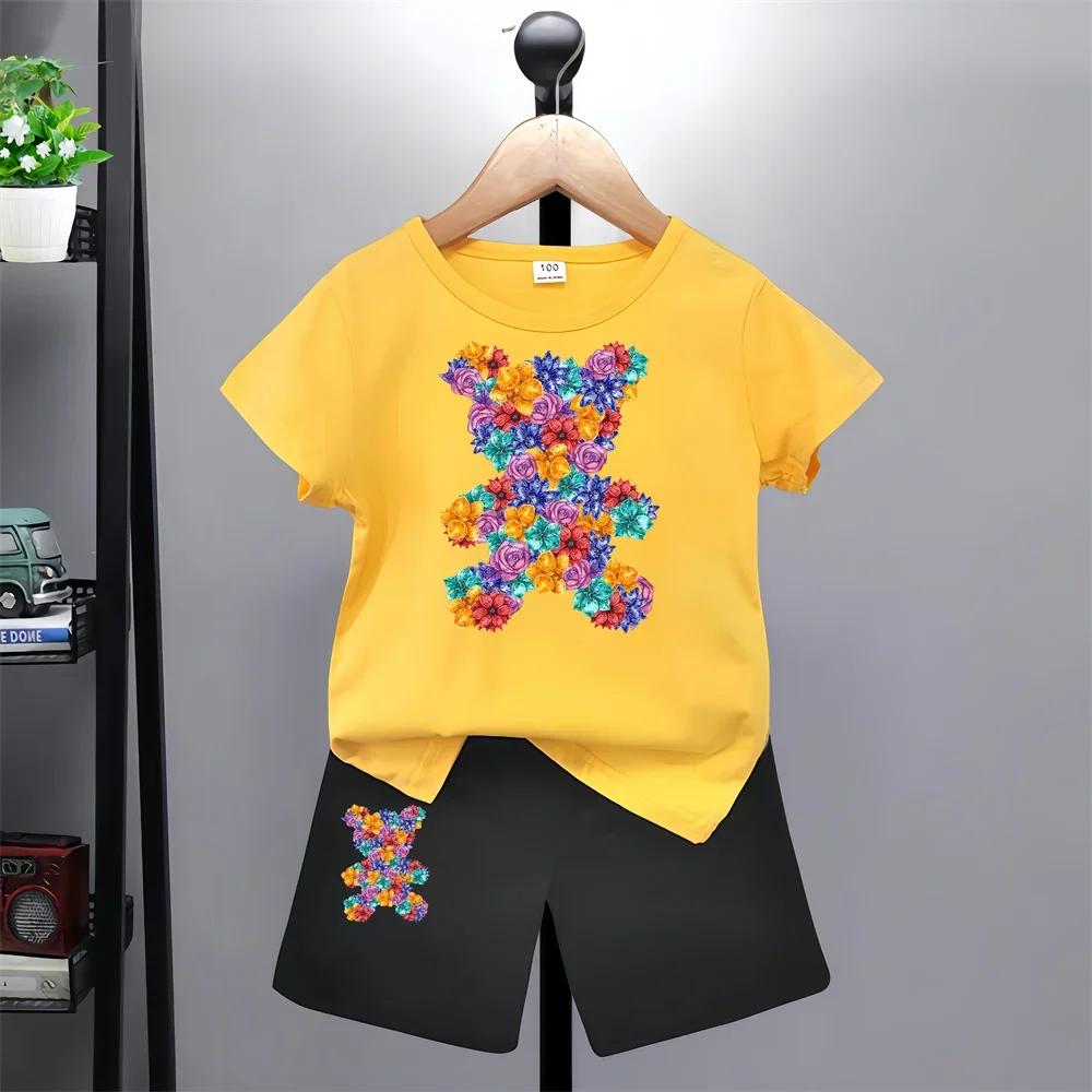 Bear Pattern Kids T-shirt Pants Kawaii T-shirt  Anime Cartoon Kids Casual Clothing 2-piece Set Kids Girls Boys Fashion Y2K