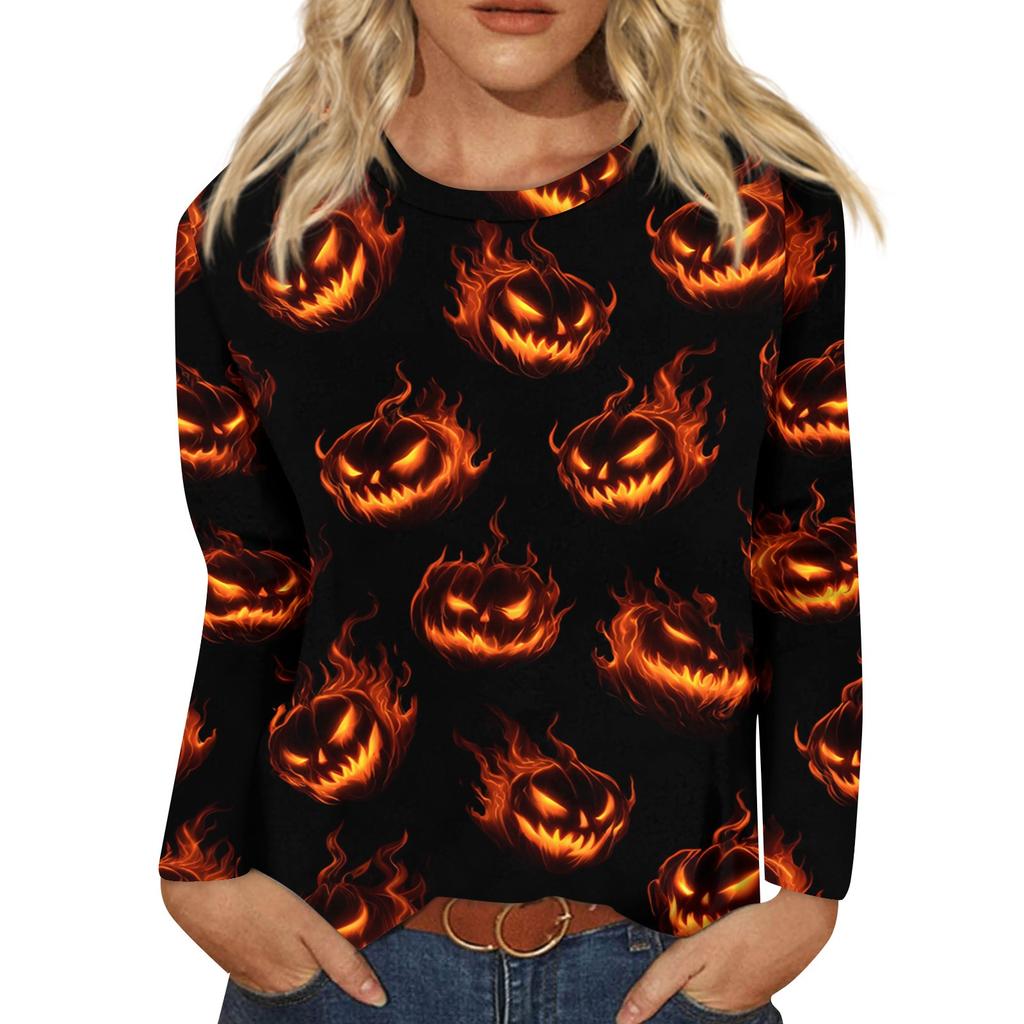 Women's Fashion Casual Long Sleeve Halloween Print Round Neck Top