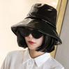 Women Hiphop Hat PU Leather Hat  Reversible Bucket Caps Solid Colors Female Gorros