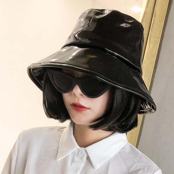 

Women Hiphop Hat PU leather Hat reversible bucket Caps Solid Colors Female Gorros чёрный
