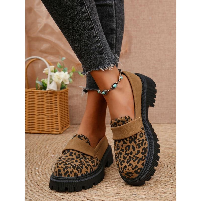 Women's Slip-On Loafers, Patterned Round Toe Casual Leather Shoes, Plus Size British Style Flats