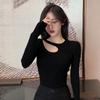 Chic Slim-Fit Black Women's Long-Sleeve T-Shirt for Autumn/Winter
