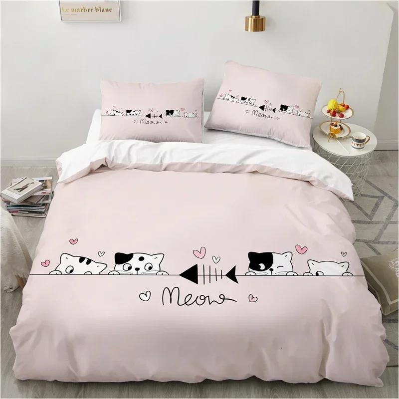Cute Cartoon Animals Pink Toddler Funny Cat Comfortable Duvet Quilt Cover Pillowcase Bedding Set Bedroom Decoration Home Textile