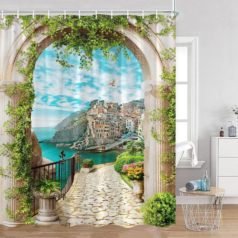 European Style Arch Architecture Shower Curtains Green Vine Peacock Elegant Bathroom Decor Roman Column Vintage Art Bath Curtain