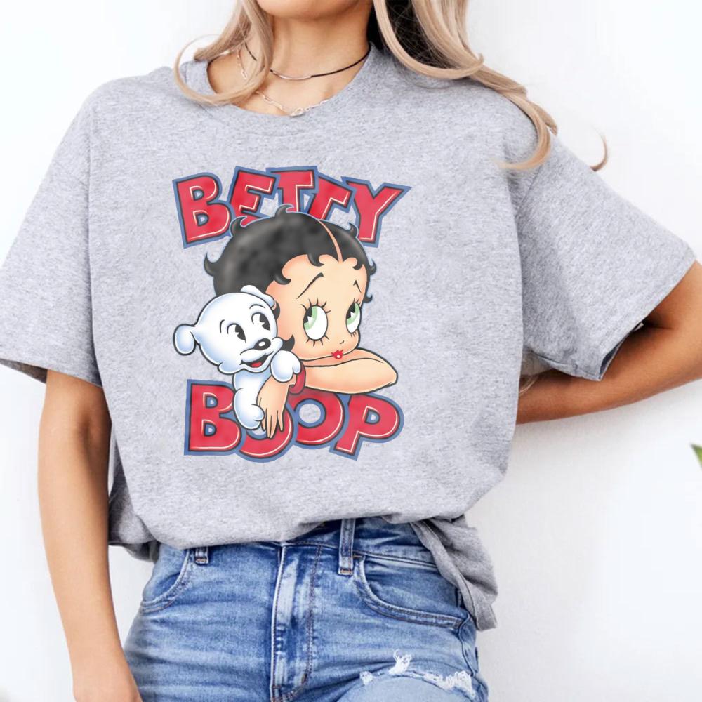 Betty Boop with Pudgy Dog Shirt Vintage Women Summer Cotton Short Sleeve Retro Cartoon Girl Graphic Printed Casual Daily Outfit