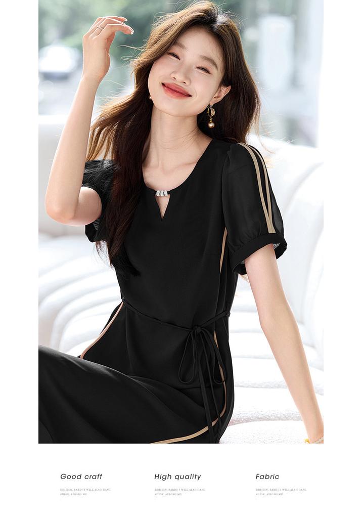 Elegant and Sophisticated Summer New Contrasting Color Waist Slimming Short Sleeved Casual Western-style Mid Length Dress Mid Length Skirt