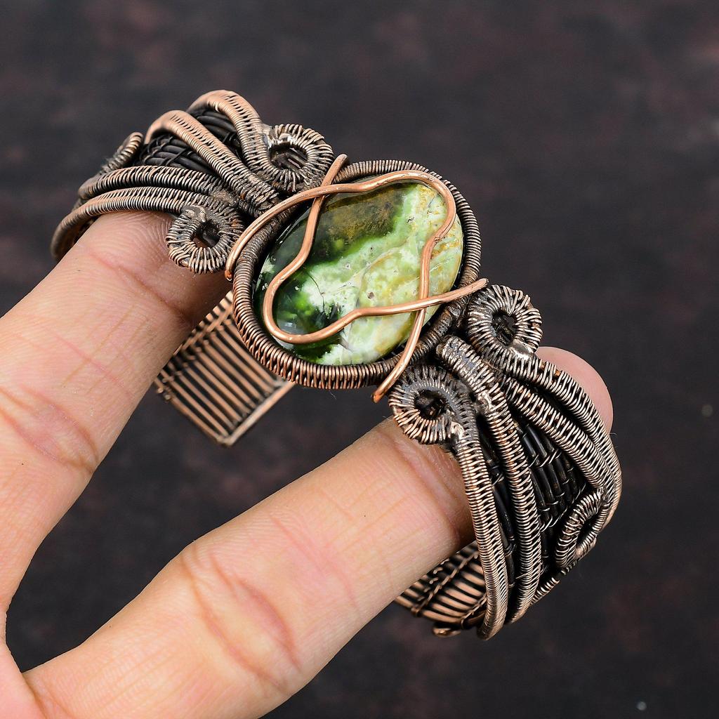 Australian Chrome Chalcedony Bangle Copper Wire Wrapped Cuff Bracelet Adjustable Bangle Gemstone Bangle Handmade Copper Jewelry Gift For Him