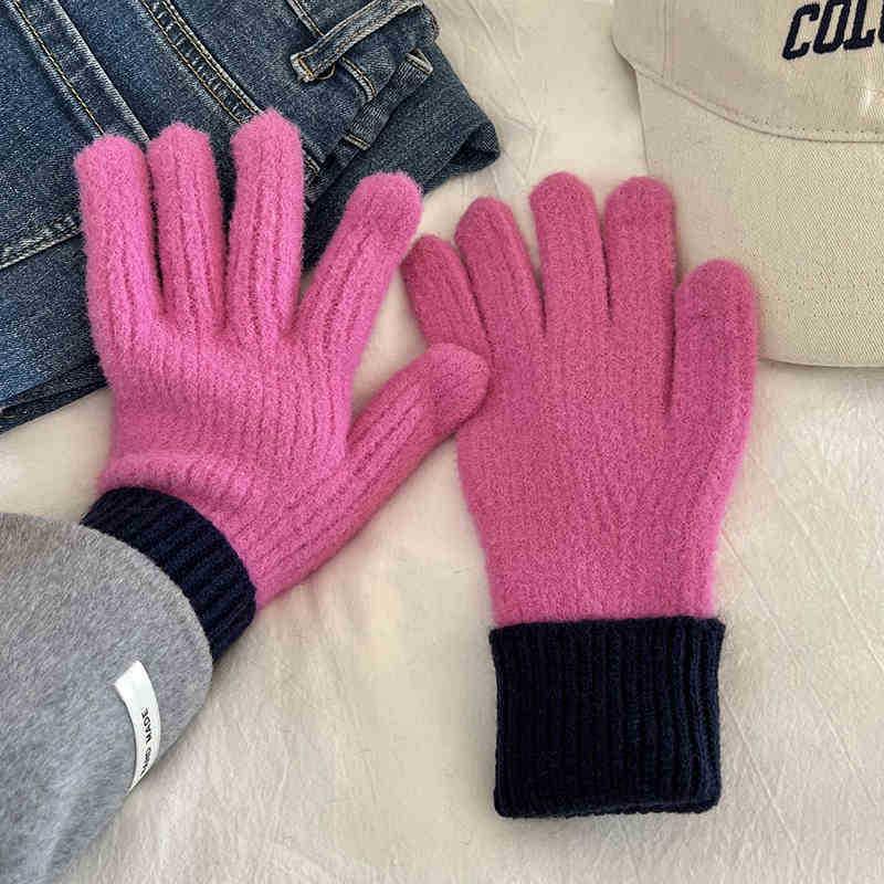Damen Winter Verdickt Winddicht Warmhalten Fingerspitzen Touchscreen Strickhandschuhe Farbige Strickwaren Weiche Accessoires