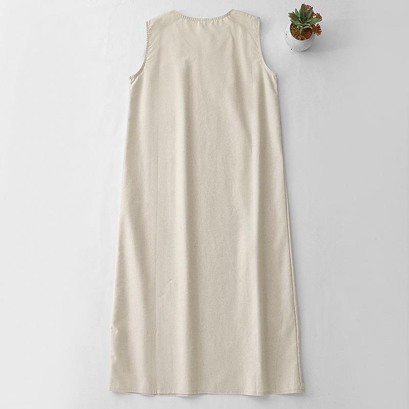 2025 summer new solid color cotton and linen split dress women's sleeveless simple V-neck over-the-knee vest skirt