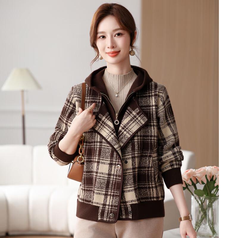 Women's Autumn Plaid Hooded Cardigan Coat