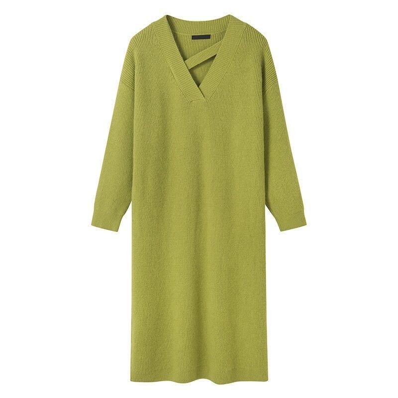 Green long-sleeved knitted dress women's autumn and winter loose straight long sweater skirt with base and temperament long dress