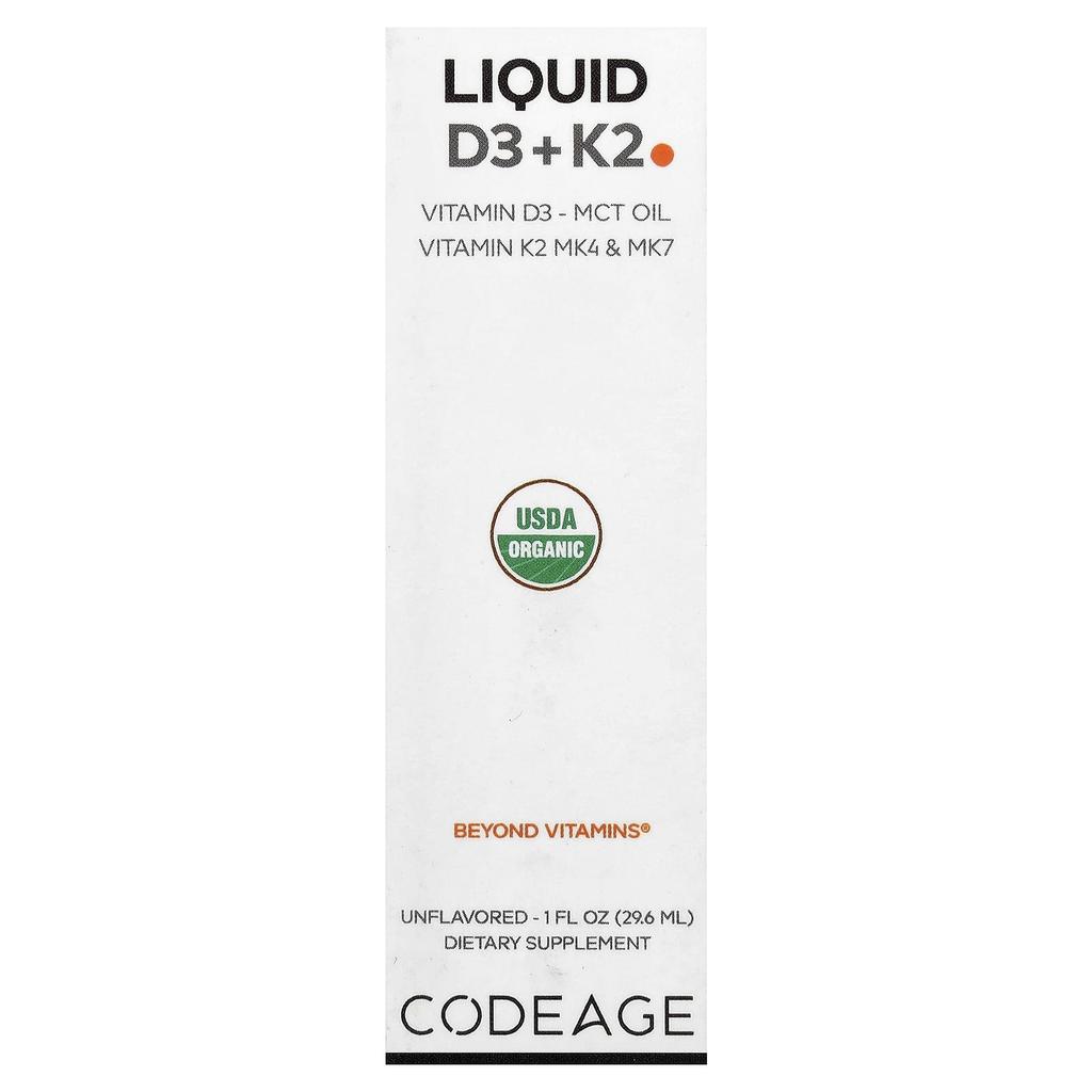 Codeage Liquid D3 + K2, Unflavored, 29.6ml (1 Fl Oz)
