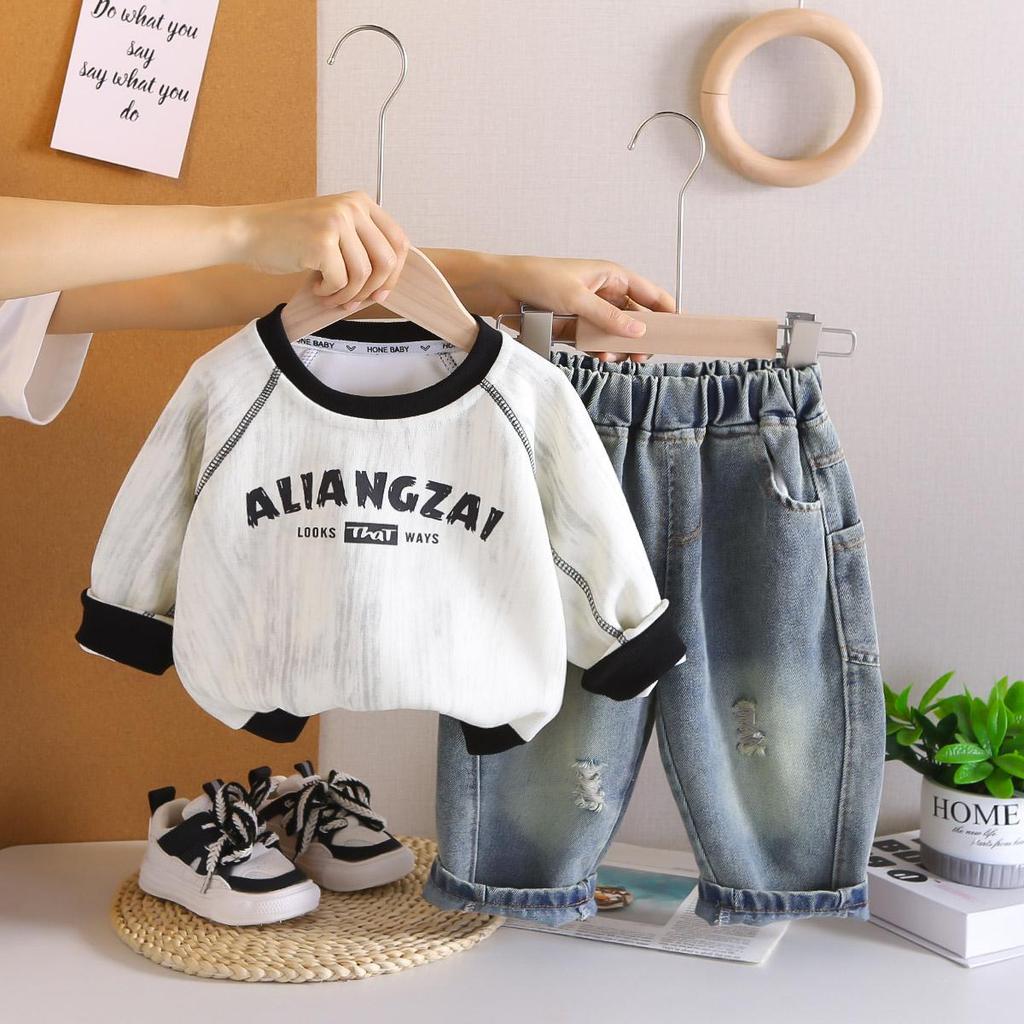 Boys' Spring and Autumn Letter Long Sleeve Set, Children's Jeans Two Piece Set, Handsome Baby Clothes