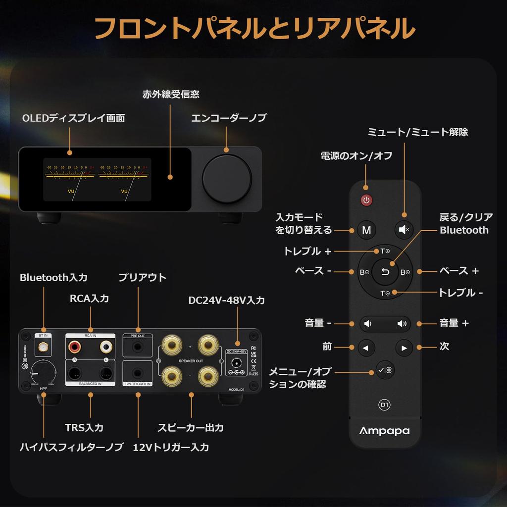 Ampapa Bluetooth HiFi 300W X2 Stereo Amplifier with BT HPF Digital VU Meter SUB TRS Balanced Input Tone Control Remote Control for Home Theater