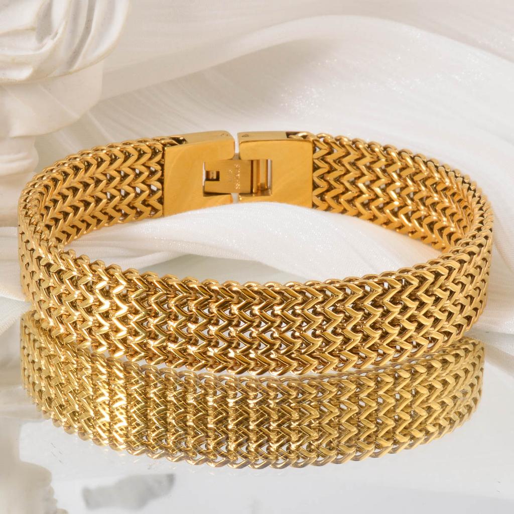 Men Stainless Steel Wide Mesh Chain Bracelet Gold Plated Woven Pattern Bangle Luxury Italian Style Jewelry Gift Valentine's Day
