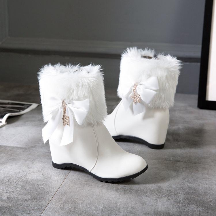 Fashion Women Boots Wedges Lolita Shoes Bowknot Diamond Women Cosplay Girls Princess Winter Ankle Boots Pink White Black 34-43
