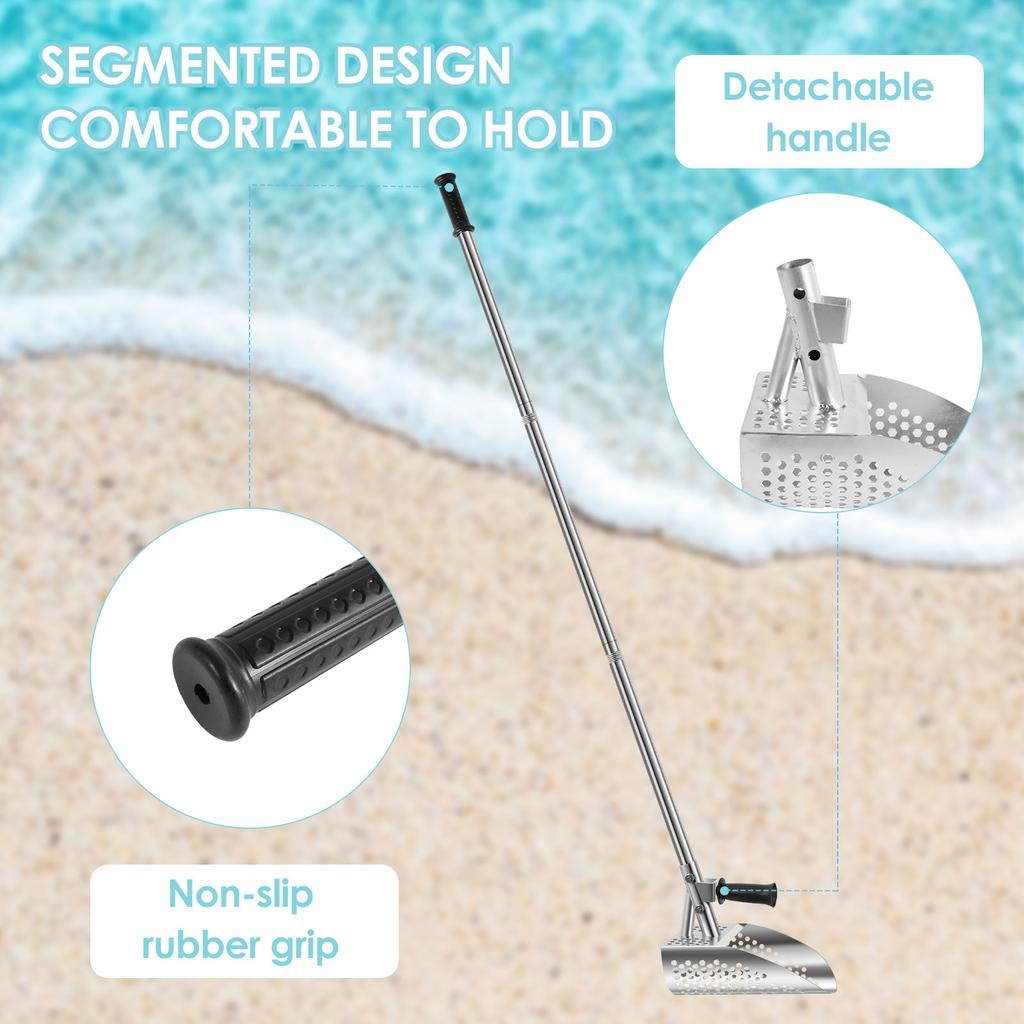 304 Stainless Steel Beach Sand Scoop Metal Detecting with Removable Long Handle Fast Sifting Metal Treasure Hunting Shovel Tool