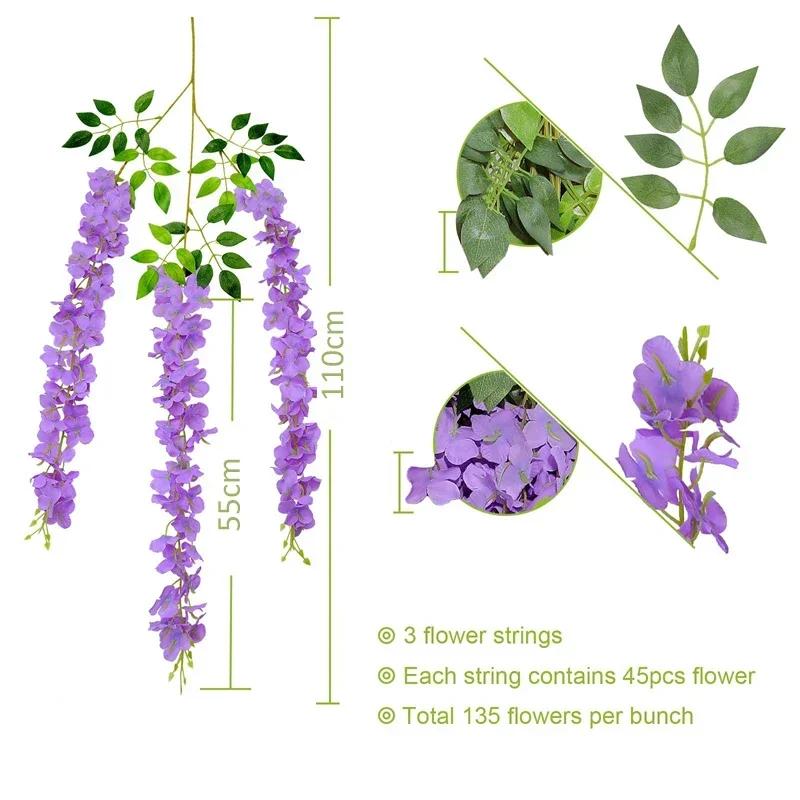 Wisteria Vine Artificial Flowers Wholesale 110cm Trailing Fake Flower String for Home Wedding Party Decor Silk Wisteria Garland