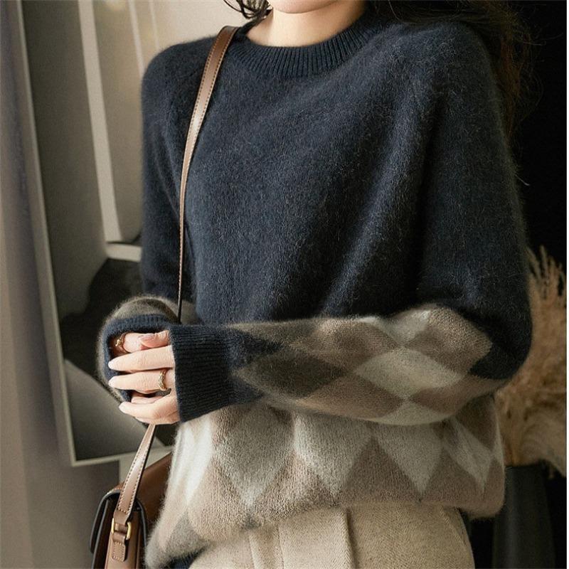 Autumn Winter Vintage Patchwork Loose Casual Sweater Women Round Neck Bottomed Knitting Tops