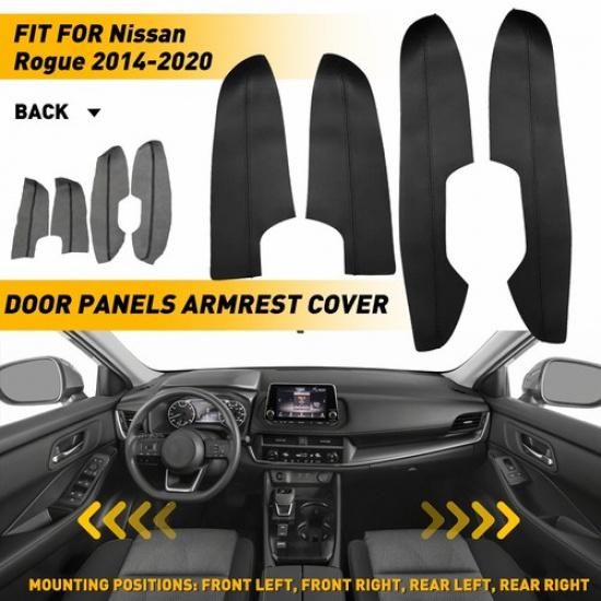 2014- Fit For Nissan Rogue Interior Door Panels Black Armrest Leather Cover